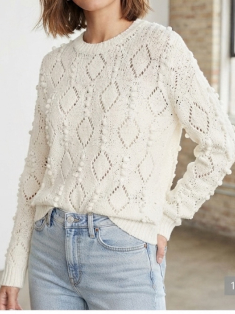 LOFT Petite Bobble Drop Shoulder Sweater Ivory Pointelle Knit XS